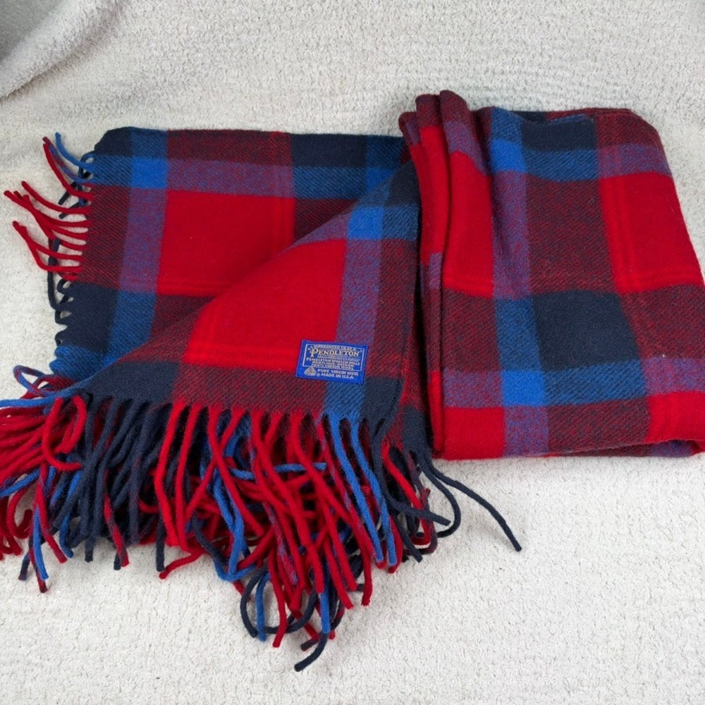 Pendleton Wool Throw Blanket Red Blue Plaid Fringed Made in USA 53x64